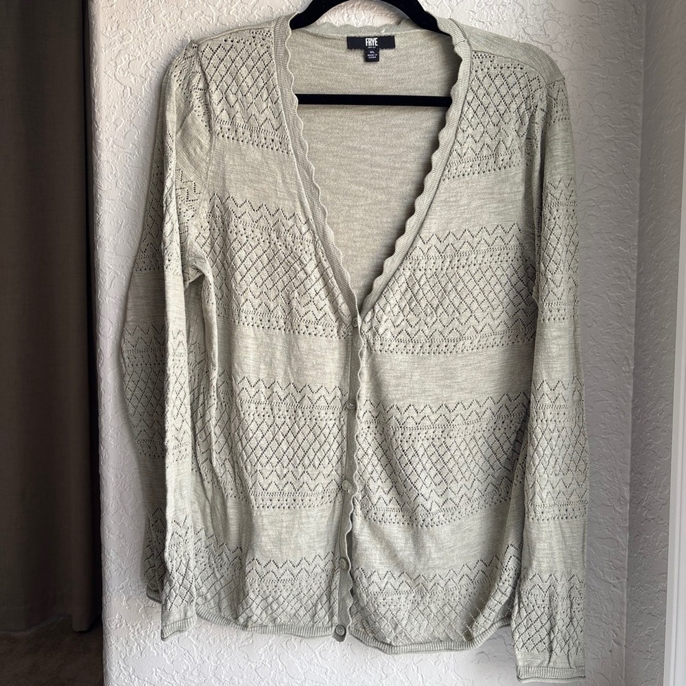 Frye Women XL Cardigan Cotton Sweater Sage Green Scallop Pointelle Knit Boho